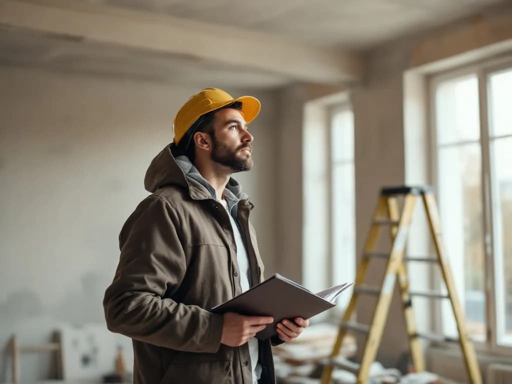 Un marchand de biens, dossier en main, inspecte un appartement en cours de rénovation