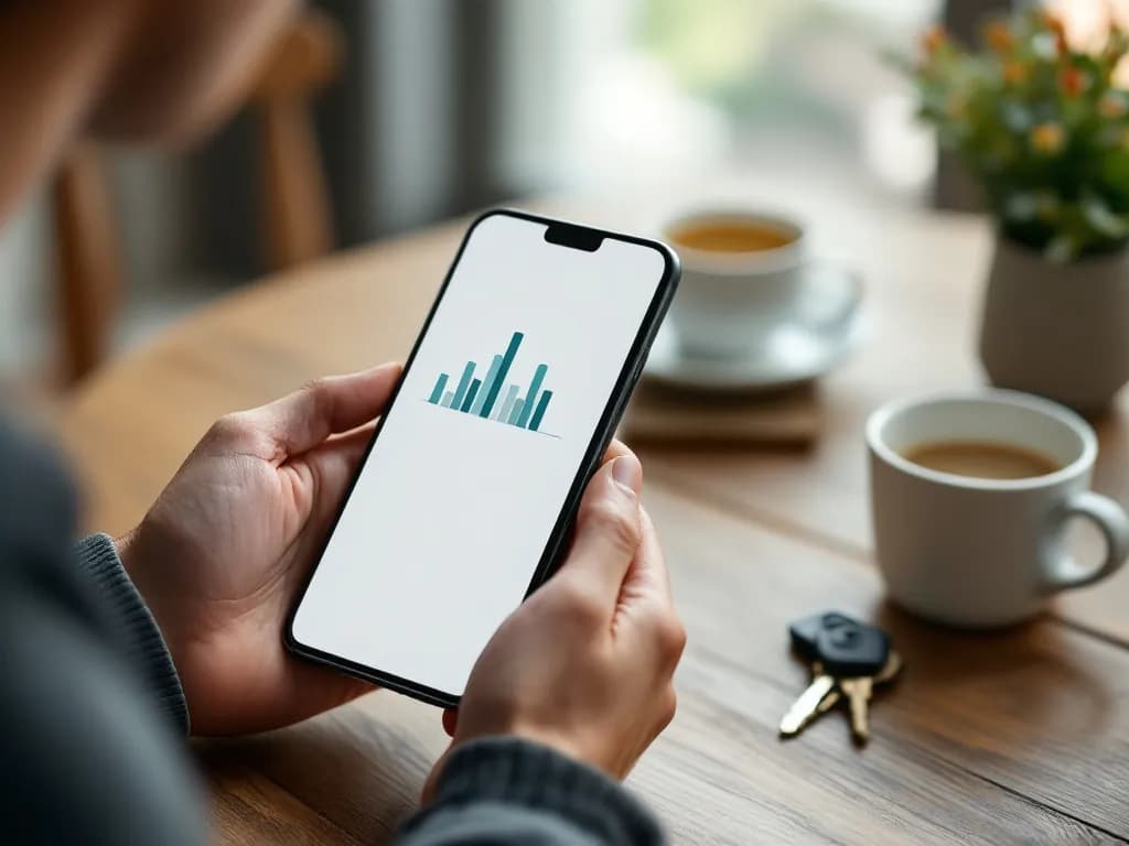 Des mains tiennent un smartphone affichant un graphique d'estimation, des clés de maison posées sur la table